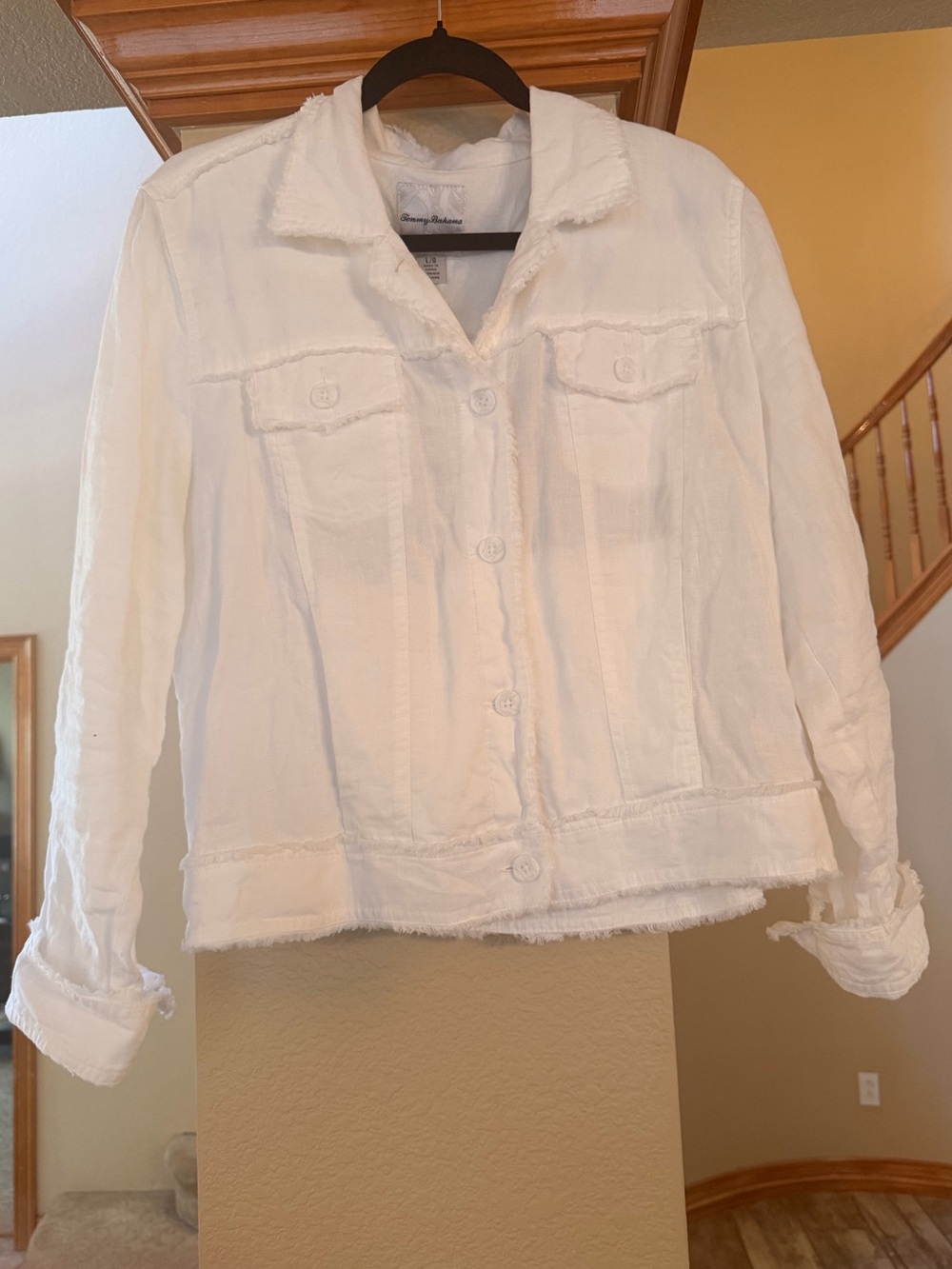 Tommy Bahama White Frayed-Edge Button Front Jean Jacket